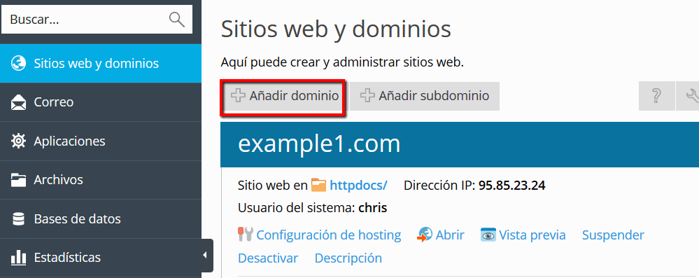 Adición y eliminación de dominios