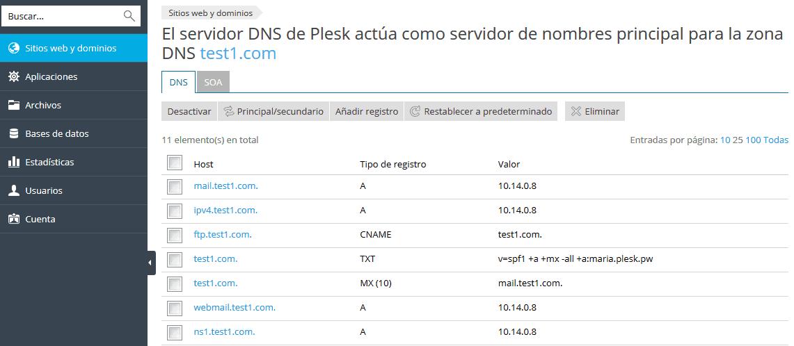 Plesk como servidor DNS principal