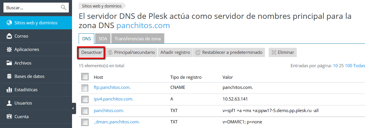 Desactivación del servicio DNS de Plesk